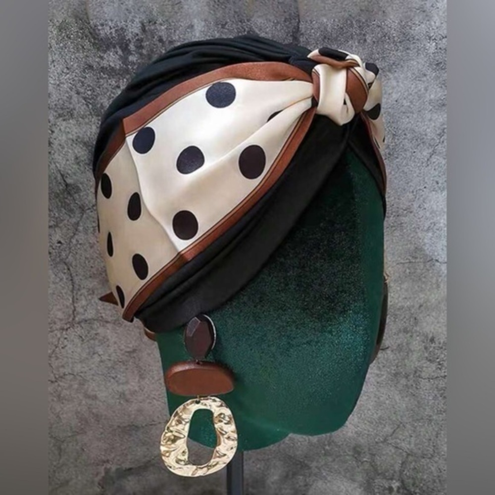 💋 NWT 2pcs Silk Scarf And Knotted Turban Wrap polka dot boho - Picture 2 of 6